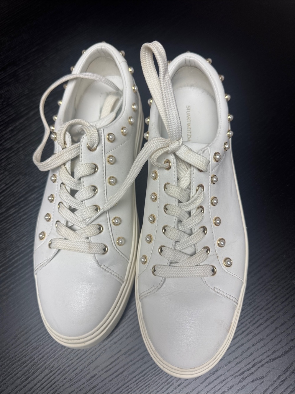 Stuart Weitzman White Sneakers with Gold Stud Detailing